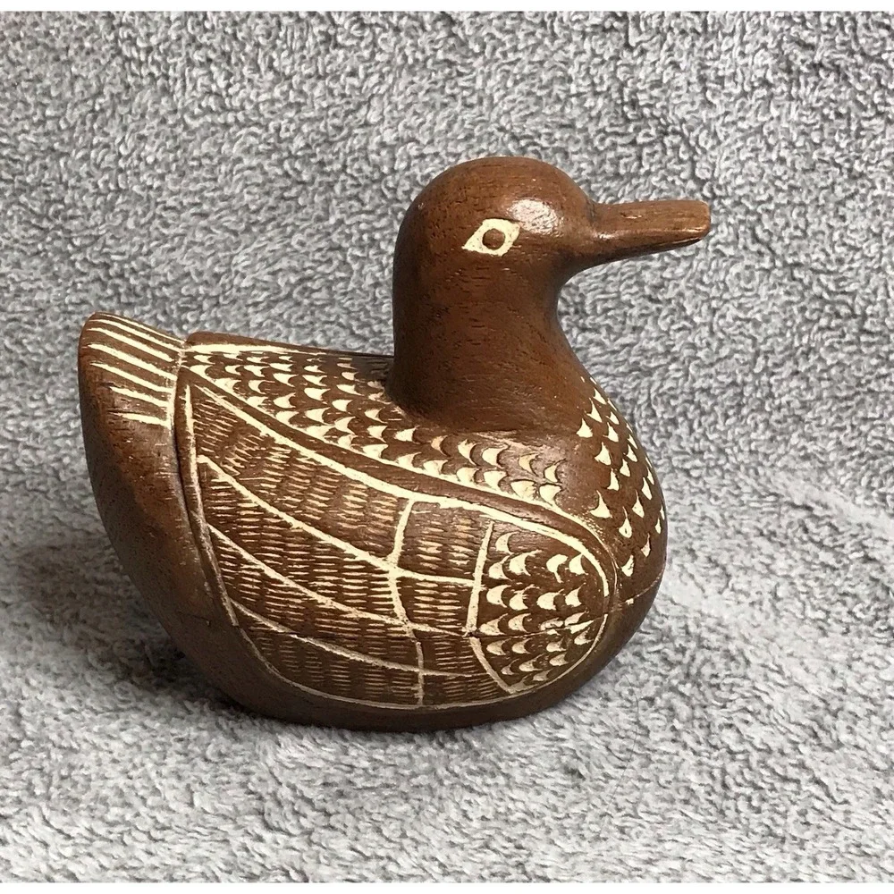 Vintage Hand Carved Wood Duck Bird Trinket‎ Box Folk Art Primitive Jewelry Box